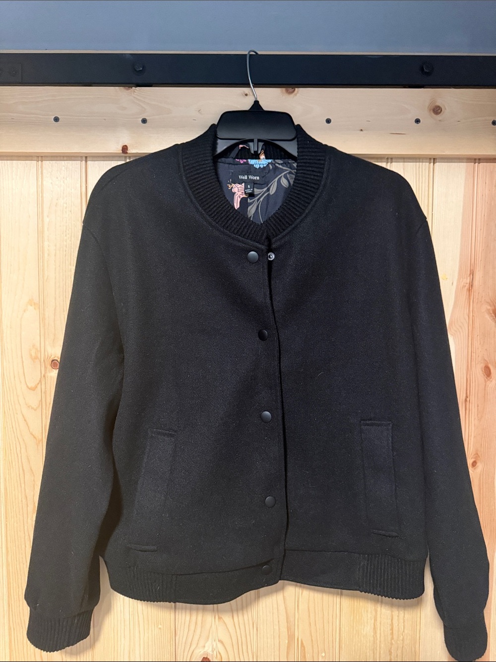 Well Worn Black Bomber Jacket with Floral Lining